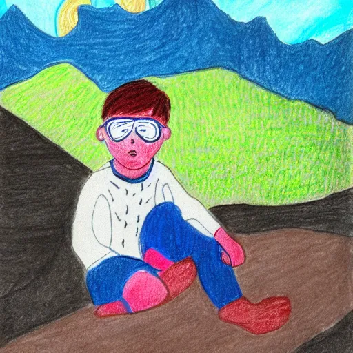 Prompt: boy with a blindfold, drawing sketches on his notebook, colorful painting, in the style of henry thomas schaefer, mountains in the background, masterpiece,