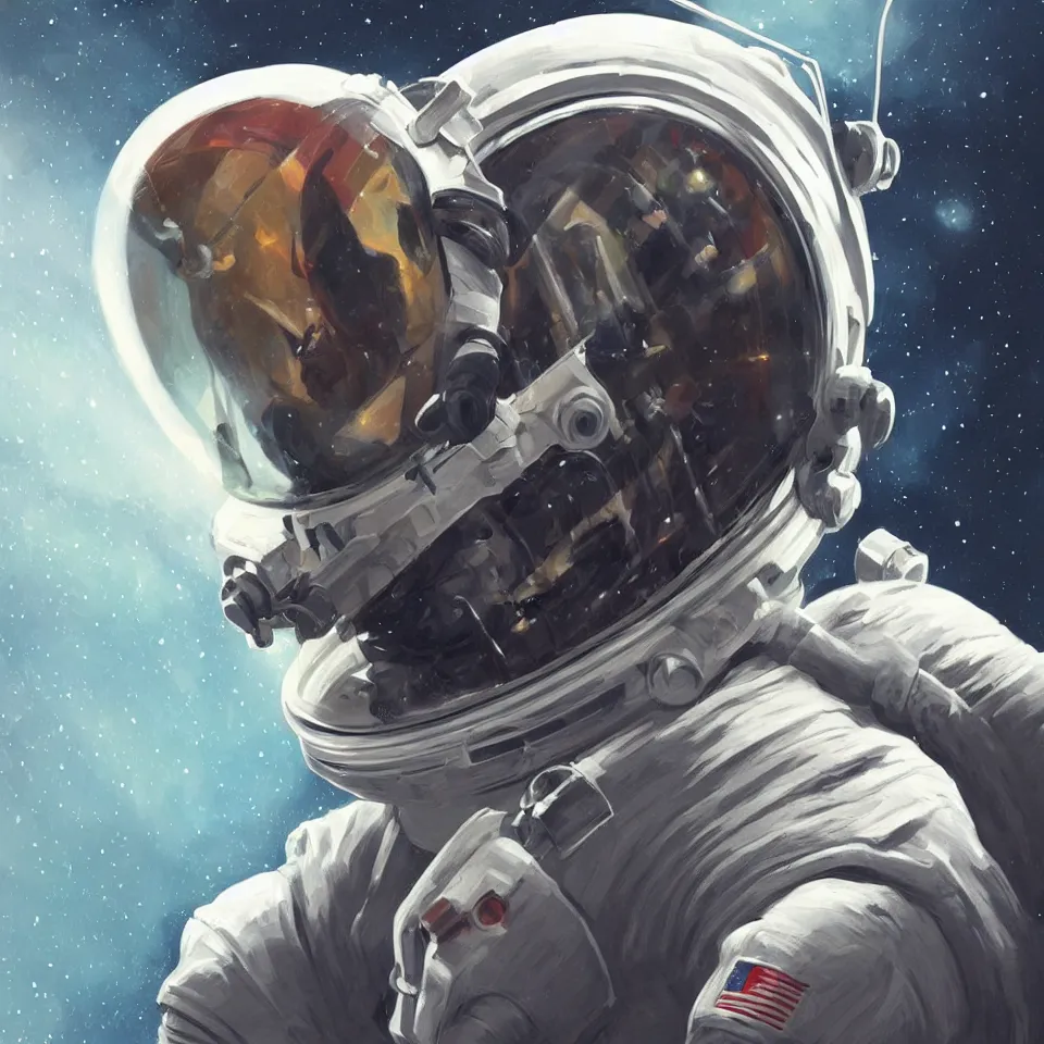 Image similar to a detailed concept art of an astronaut helmet wearing a headphone by john romita jr, digital painting, digital art, beautiful, dynamic lighting, cinematic, epic composition, masterpiece