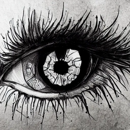 Prompt: highly detailed ink sketch of a human eye that is shattered like a mirror heavy black high contrast anatomical detail black and white