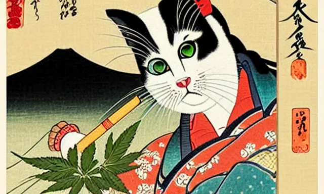 Prompt: stoner cat smoking pipe with cannabis leaf background, in the style of utamaro, japanese woodblock, classical japanese art, traditional japanese art, kitty, cat, neko, weed, marijuana, cannabis, highly detailed, beautiful colors, award winning