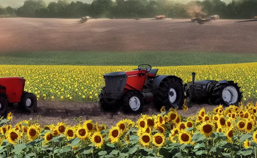 Prompt: hyperrealistic matte painting of cute little tractor dragging the russian tank on the sunflower field