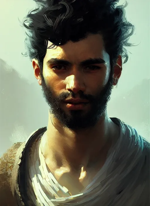 Image similar to portrait of an ancient traveller, a rough young man with black hair, intricate, elegant, glowing lights, highly detailed, digital painting, artstation, concept art, smooth, sharp focus, art by wlop, mars ravelo and greg rutkowski