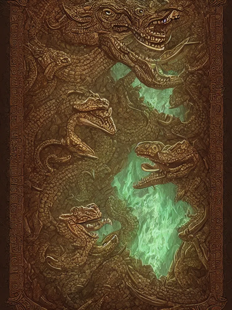 Image similar to mayan book decorative border frame, crocodile illuminations, d & d, fantasy, intricate, elegant, highly detailed, digital painting, artstation, illustration, hearthstone