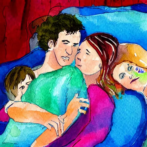 Image similar to A mother, a father, a teenage brother, a toddler sister all cuddling on a bed surrounded by pillows, swirling vivid colors, watercolor impressionism