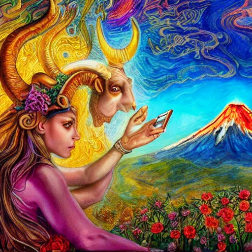 Prompt: painting by josephine wall, horned ram goddess, checking her cell phone, erupting volcano in distance, sunset, flowers in foreground, zodiac, fantasy acrylic on canvas, intricately detailed, highly detailed, high resolution, hdr, 8 k, by senior concept artist, trending on artstation