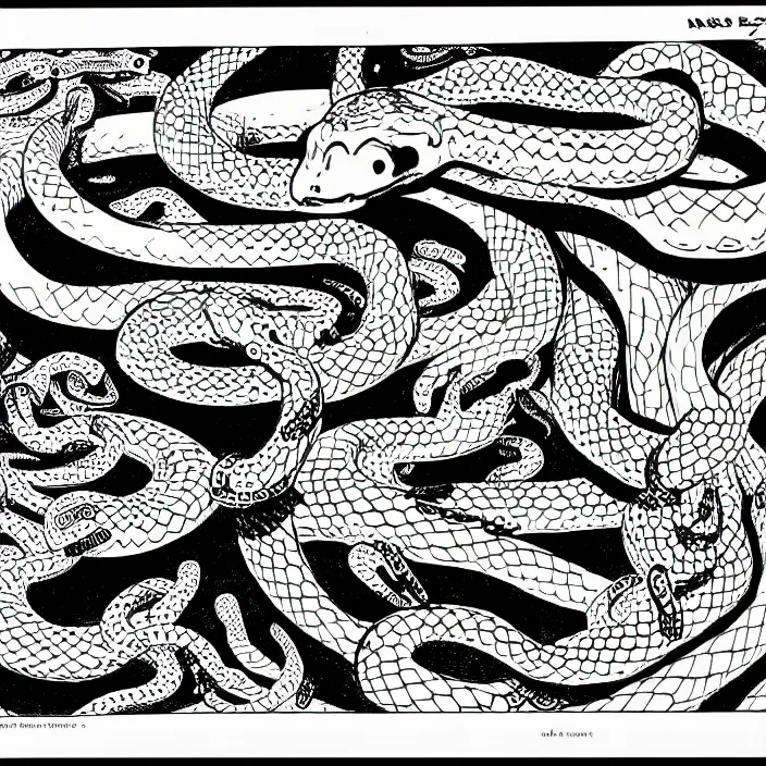 Image similar to a still frame from comic strip, a bouquet of snakes 1 9 5 0, herluf bidstrup, new yorker illustration, monochrome contrast bw, lineart, manga, tadanori yokoo, simplified,