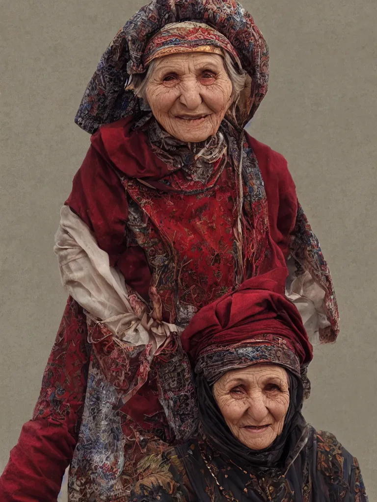 Image similar to picture of an old bulgarian woman, smiling, traditional clothes, cinematic, high quality, cgsociety, artgerm, 4K, UHD, trending on ArtStation