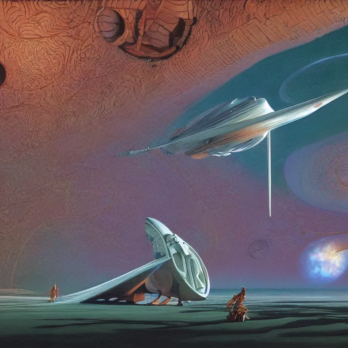 Image similar to tropical spacecraft, science fiction, extremely detailed, pastel colors, intricate, hard light, flat, illustration, volumetric lighting, digital painting, by roger dean, by santiago calatrava, by wayne barlowe