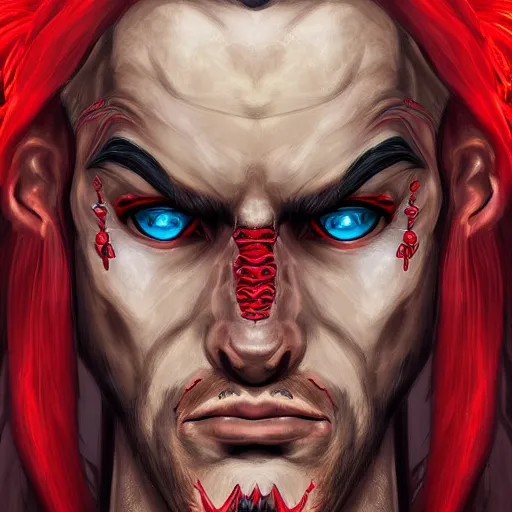 Image similar to dnd style portrait of a tiefling, male, red scales, red skin, a big black beard, completely golden eyes, 2 black ram horns growing out of his forehead,