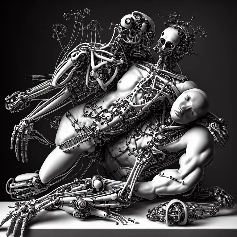 Image similar to still life of two biomechanical cyborg male lovers laying on a table, pastel flowers on a table, surreal alien ribbed pastel fruit, white human spine, baroque painting, beautiful detailed intricate insanely detailed octane render trending on Artstation, 8K artistic photography, photorealistic, chiaroscuro, Raphael, Caravaggio beautiful BW monochrome