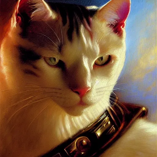 Image similar to a portrait of a manly humanoid white cat feline, blue eyes, star trek the next generation. highly detailed painting by gaston bussiere, craig mullins, j. c. leyendecker, furry