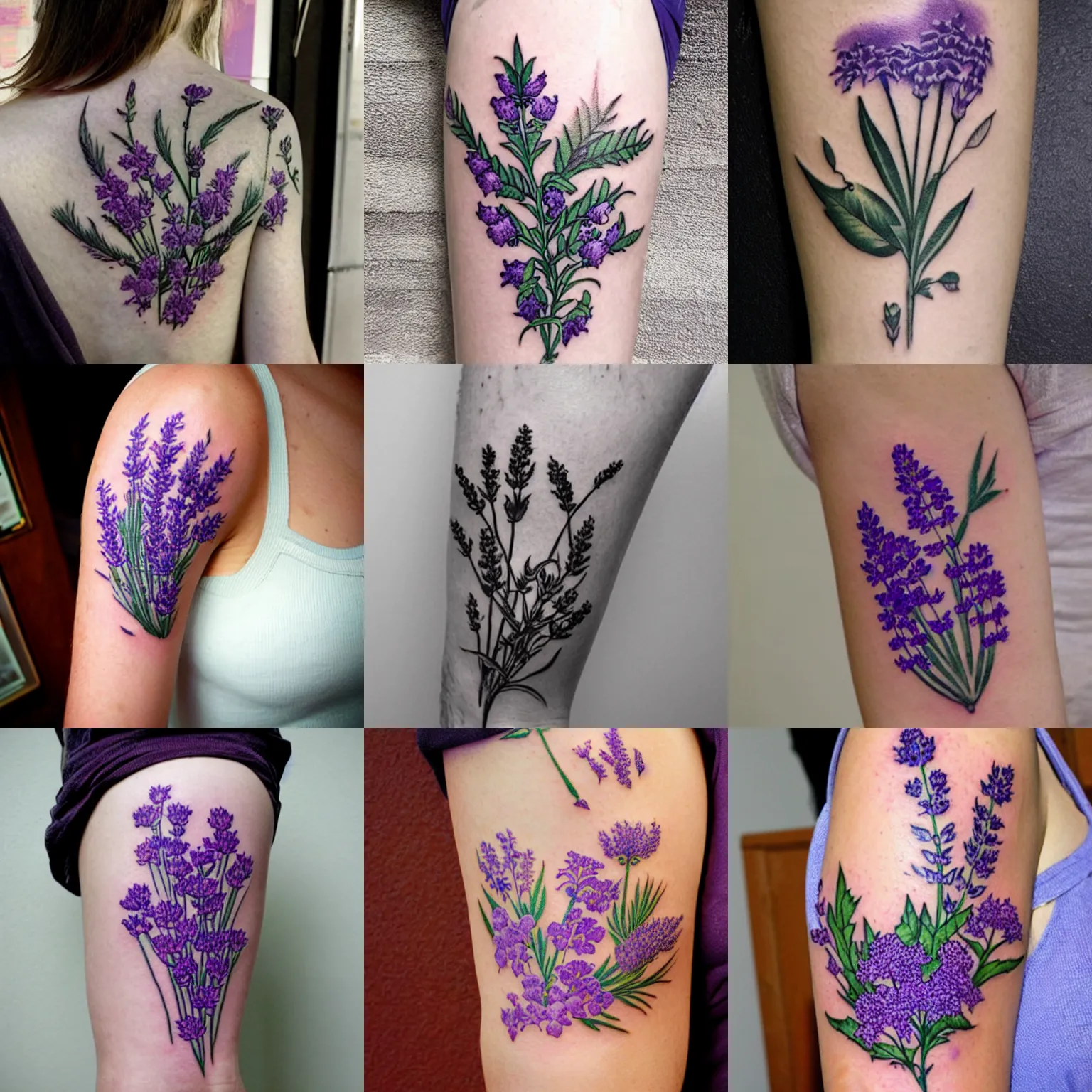 Matching lavender bouquet tattoos.