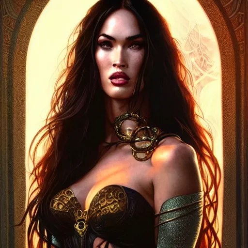 Image similar to Megan Fox as a fantasy magic woman portrait, sci-fi, amber eyes, face, long hair, fantasy, intricate, elegant, highly detailed, digital painting, artstation, concept art, smooth, sharp focus, illustration, art by artgerm and greg rutkowski and alphonse mucha