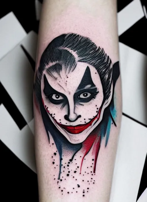 Prompt: a tattoo design of a a girl with joker makeup holding an ace card, hyper realistic, black and white