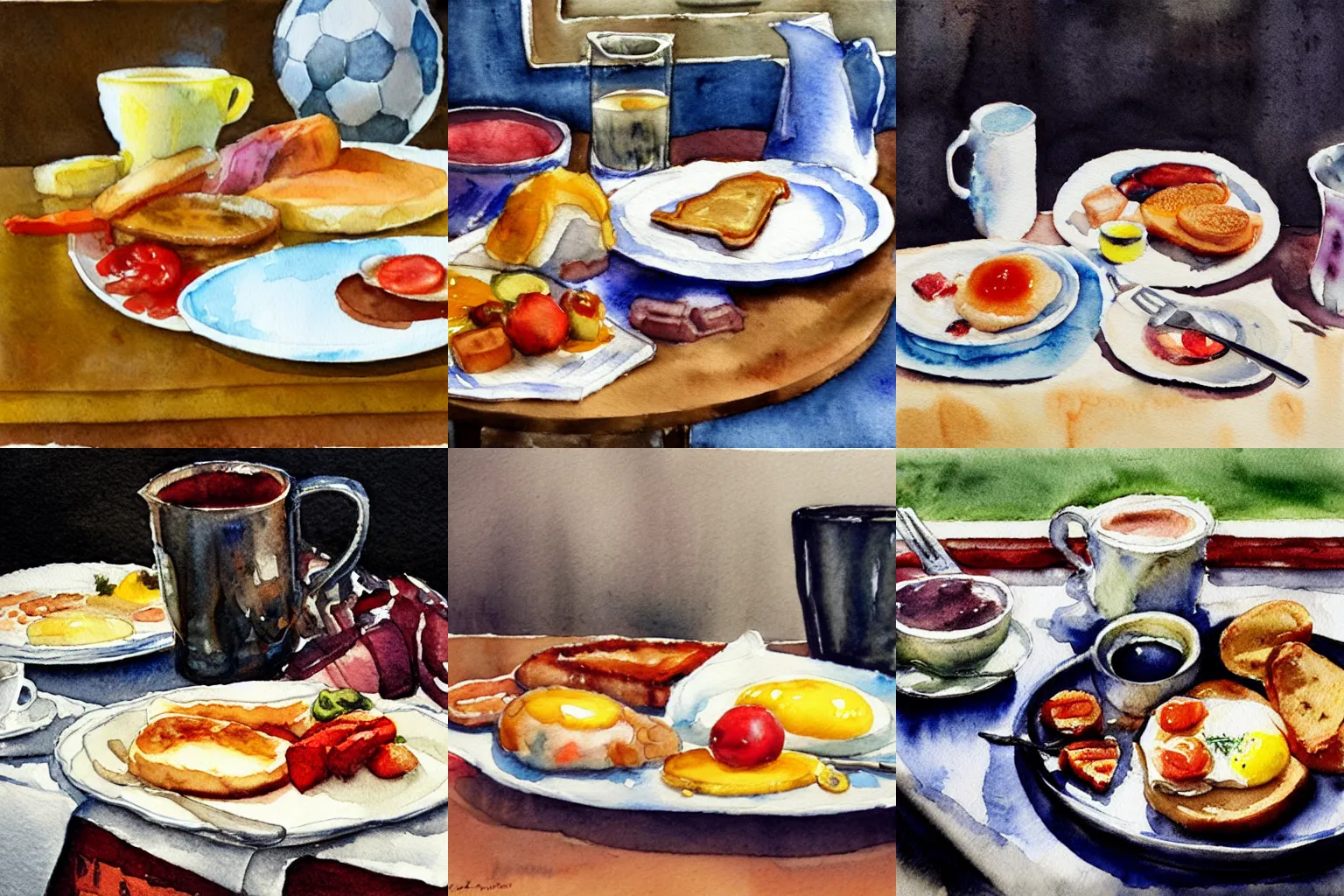 Prompt: still life watercolor of an full english breakfast, in the background a TV screen showing a football match