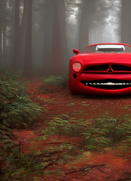 Image similar to an abandoned devil car on a ominous forest biome by pixar, smooth, cinematic, wet reflections, ray tracing x, rtx, smooth