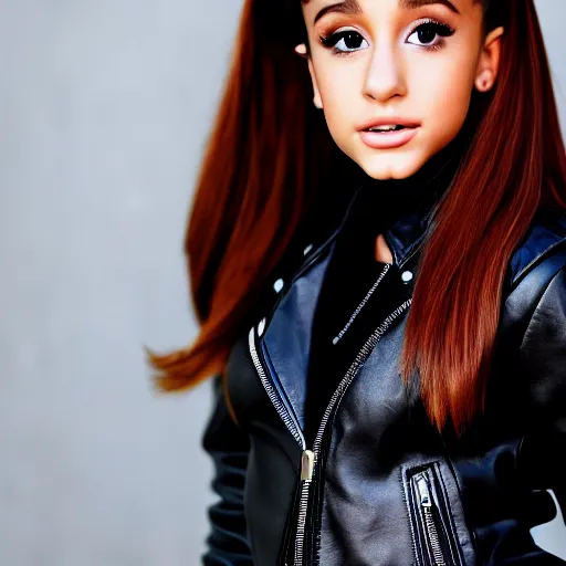 Image similar to young ariana grande wears leather jacket and boots, high quality face, high quality hair, 8k hd, sharp focus, centered, photo taken by nikon