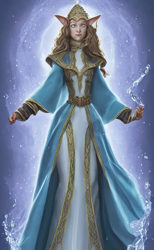 Image similar to elf female sorcerer doing water magic spells, blue robes, exquisite details, full body character design on a white background, by studio muti