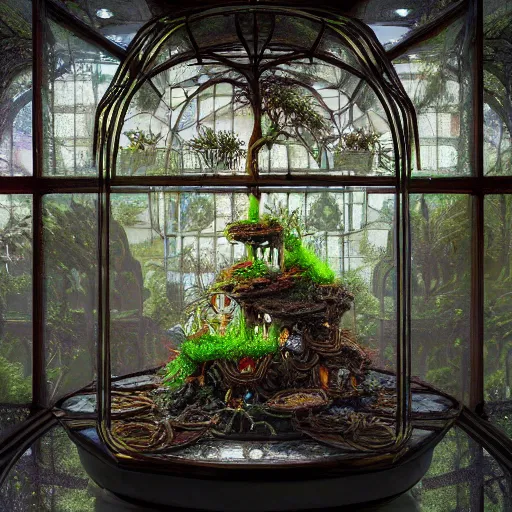 Prompt: photo of a miniature tabletop forest glowing under an ornate glass and iron terrarium, by paulette tavormina and michael whelan and donato giancola, with intricate geometric ornament, on a sumptuous velvet tablecloth, in a dark dusty parlor, hyper realistic, extremely detailed, dramatic lighting, victorian, octane render, featured on artstation
