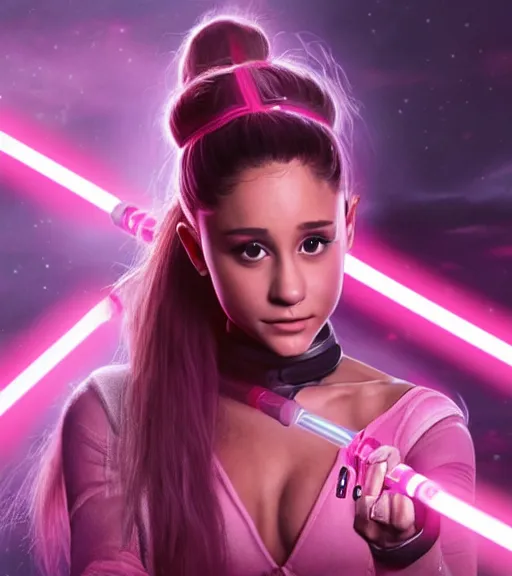 Prompt: A hyper realistic photo of Ariana Grande in the Star Wars universe with two pink lightsabers held in each hand. Maximum detail on artstation, photo realism, vivd details, vivd colour