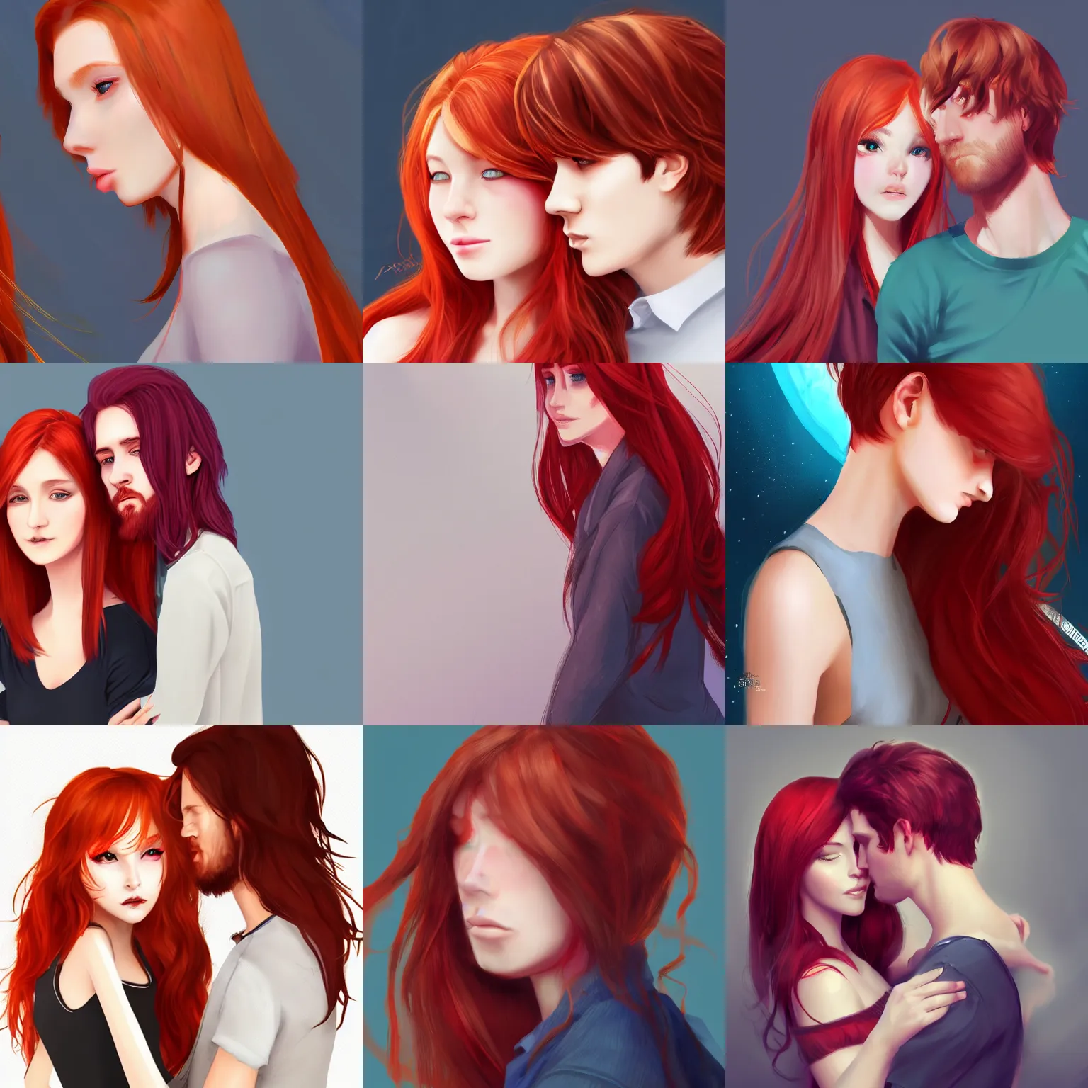 Prompt: A red haired girl with a beautiful face and long hair rests over her boyfriend's shoulder, digital art, artstation