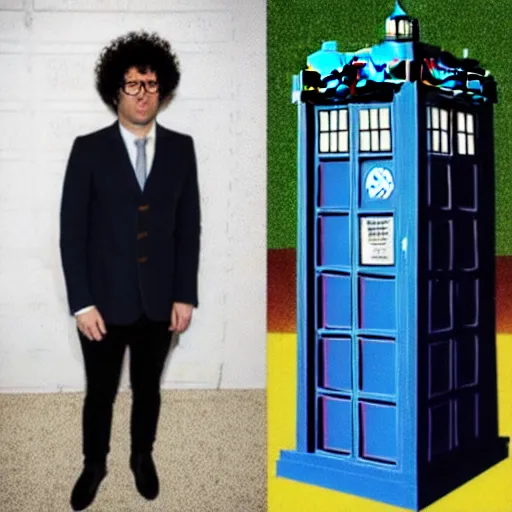 Image similar to Richard Ayoade dressed as Doctor Who, standing next to the TARDIS