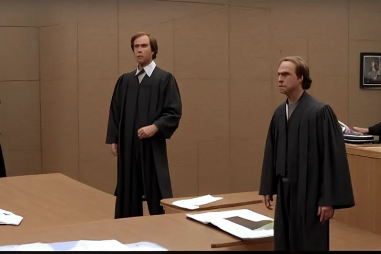 Prompt: saul goodman defends anakin skywalker wearing prisoner's uniform in court, court images, 1 0 8 0 p, court archive images