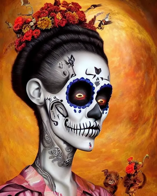 Image similar to dia de los muertos theme surrealist art in the styles of igor morski, jim warren, and a tim burton film, intricate, hyperrealistic, accurate facial details, profile picture with chromakey!!!!! background, volumetric lighting