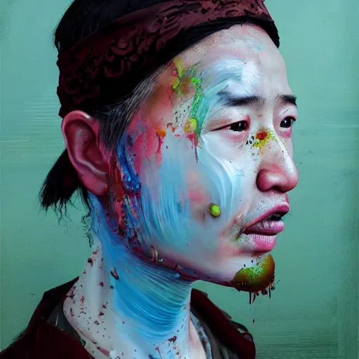 Prompt: photorealistic face portrait of chinese uyghur muslim prisoner, lots of spilled paint, wearing victorian rags, elite, disfigured, drooling, moist, unnatural movement, they are unhappy, bizzaro, baroque, renaissance, by emedios varo and anato finnstark and fenghua zhong, hyperrealism, 8 k, 3 d, masterpiece, texture