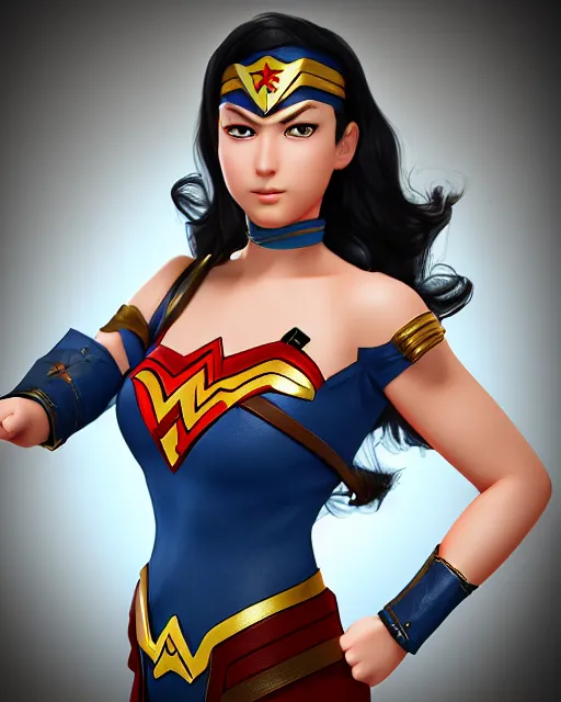 Image similar to stylish cute wonderwoman portrait hd sharp 3d model vray render in Pixar squareenix game anime manga toriyama Miyazaki style trending on pixiv skeb