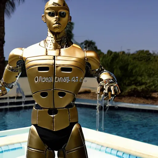 Prompt: a realistic detailed photo of a guy who is an attractive humanoid who is half robot and half humanoid, who is a male android, wrestler a. j. ferrari, shiny skin, posing like a statue, blank stare, by the pool, on display, showing off his muscles, humanoid robot, frozen ice statue