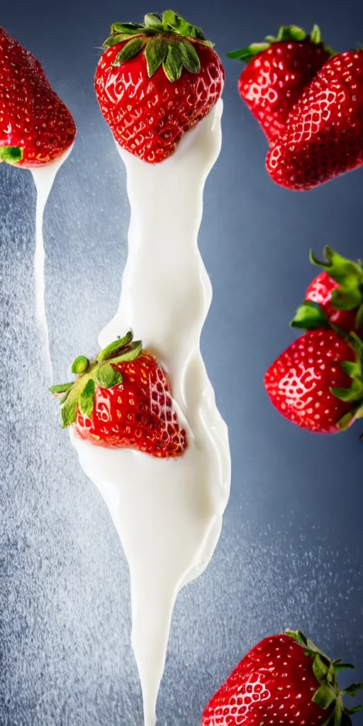 Image similar to a close up photo of milk pouring over a strawberry, macro, highly detailed, blurred background, studio lighting,