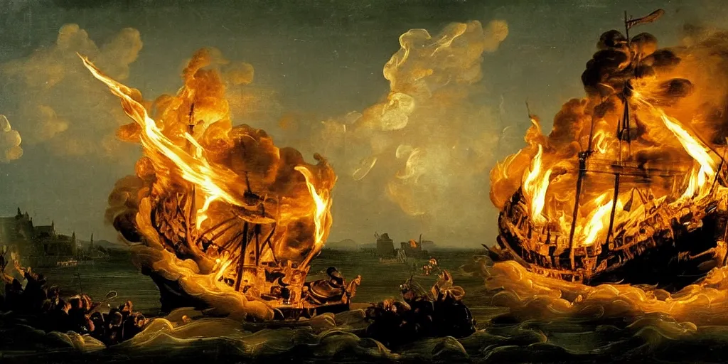 Image similar to baroque painting of a 1 8 th century ship on fire at night. cinematic