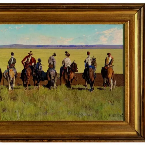 Prompt: a western plains landscape with 4 riders in the distance painted by Norman Rockwell