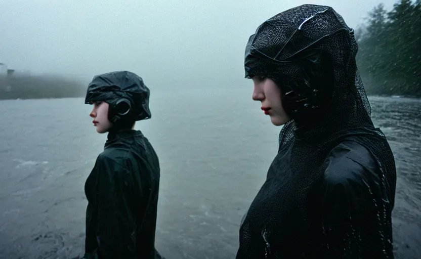 Prompt: cinestill 5 0 d candid photographic portrait by helen levitt of two loving female androids wearing rugged black mesh techwear in treacherous waters, extreme closeup, modern cyberpunk moody depressing cinematic, pouring rain, 8 k, hd, high resolution, 3 5 mm, f / 3 2, ultra realistic faces, ex machina