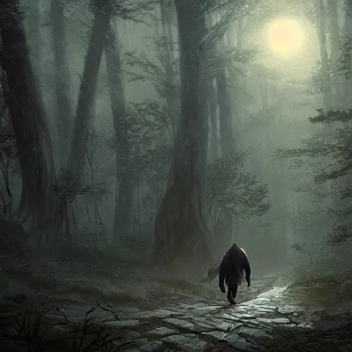 Image similar to tyrannosaurus rex walks through moonlit forest, scenery, oil painting, Tooth Wu, Greg Rutkowski, RPG, dynamic lighting, fantasy art, high contrast, depth of field