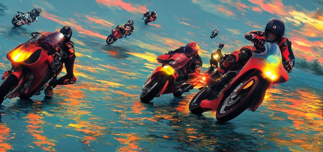 Prompt: motorcycle racing over water, action shot, in the style of makoto shinkai, gritty, bright color hues, high detail