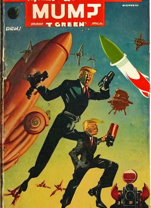 Prompt: 5 0 s sci fi pulp magazine cover of donald trump on mars pointing a ray gun to evil green martians, rocket on the background, by norman rockwell, by drew struzan, high res