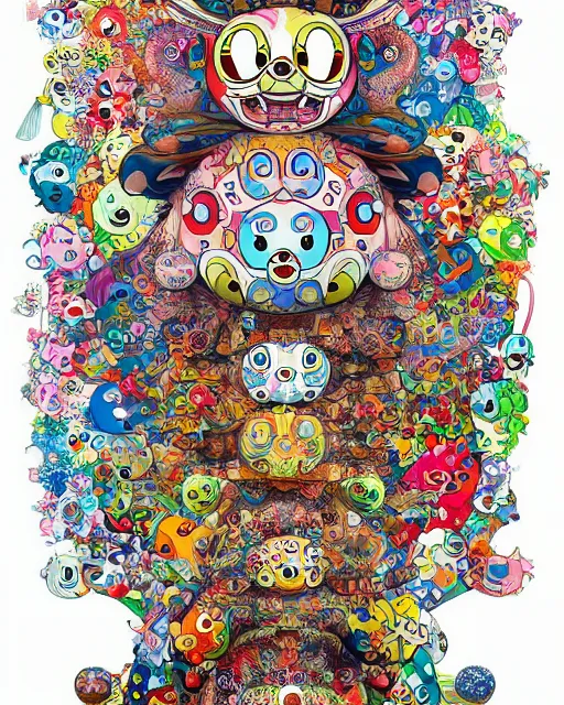 Prompt: triple decker fantastical, cute, and beautiful hybrid of the anatomy of different animals, a humorous psychedelic creature concept design by Takashi Murakami and Toru Narita, in the style of Takashi Murakami, maximalist hyper detailed