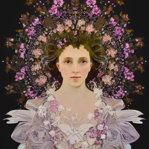 Prompt: A Black background portrait of An angel in a dress made of flowers by greg rutkowsk and alphonse mucha,In style of digital art illustration,Rembrandt lighting,Ray tracing,hyper detailed,sharp focus,Soft light.4k