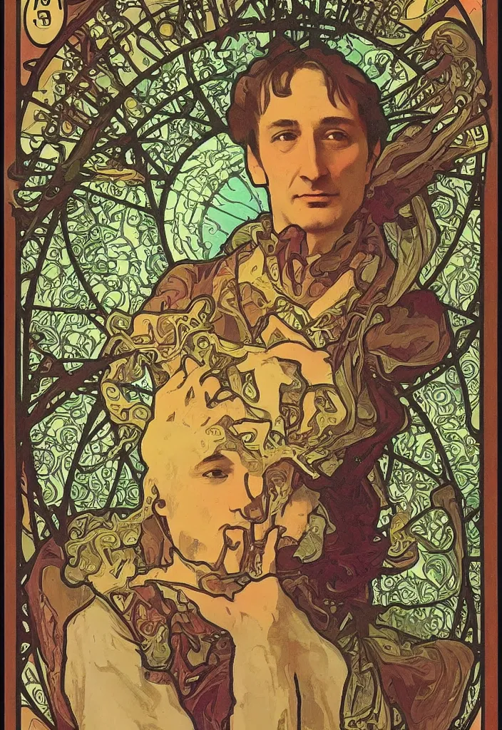Image similar to geoffrey hinton in a crown on a tarot card, tarot in art style by alphonse mucha