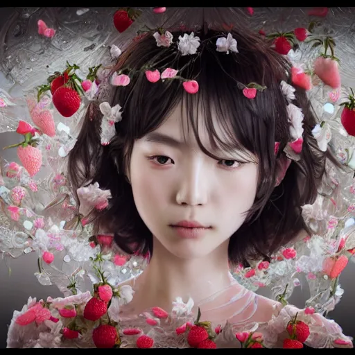 Image similar to the portrait of an absurdly beautiful, graceful, elegant, sophisticated, fashionable young japanese idol made of strawberries and white petals with tears, an ultrafine hyperdetailed illustration by kim jung gi, irakli nadar, intricate linework, bright colors, octopath traveler, final fantasy, unreal engine 5 highly rendered, global illumination, radiant light, detailed and intricate environment