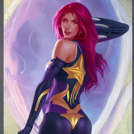 Image similar to ultra realistic illustration, bella thorne as starfire anime, intricate, elegant, highly detailed, digital painting, artstation, concept art, smooth, sharp focus, illustration, art by artgerm and greg rutkowski and alphonse mucha and wlop