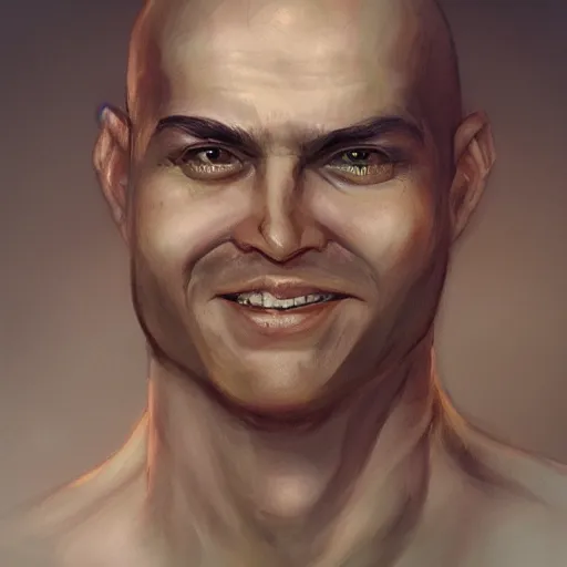 Image similar to a head - on detailed oil portrait of a round - faced bald male martial artist with a large friendly smile, by charlie bowater, lise deharme, wlop, trending on artstation, dungeon and dragons art, l critical role