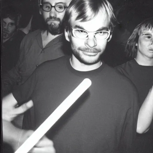 Image similar to jeffrey dahmer in a nightclub with glowsticks, late 7 0 s polaroid photo