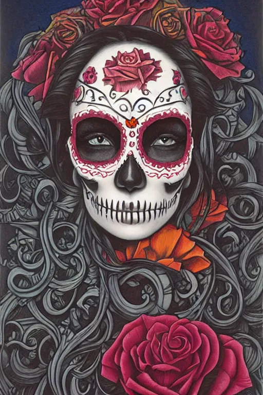 Prompt: Illustration of a sugar skull day of the dead girl, art by Gerald Brom