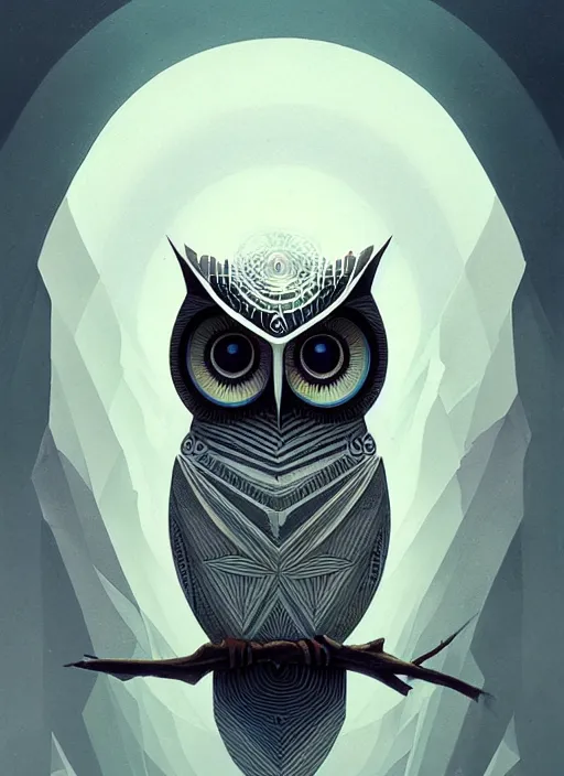 Image similar to portrait of a geometric owl, identical eyes, medium shot, illustration, full body made of white feathers, symmetrical, art stand, super detailed, cinematic lighting, and its detailed and intricate, gorgeous, by peter mohrbacher