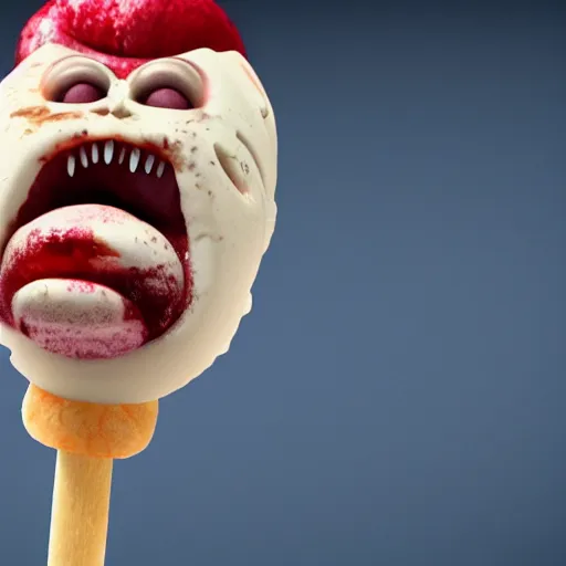 Image similar to ice cream popsicle shaped like screaming chucky doll, octane render, ultrarealistic, centered, volumetric lighting