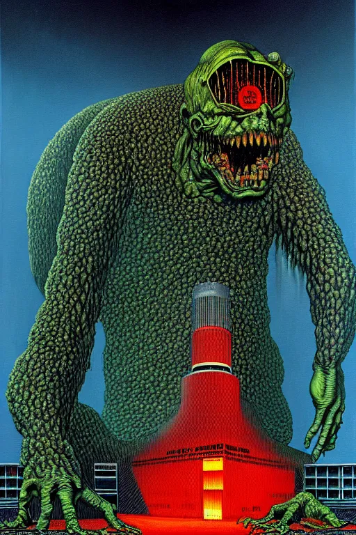 Prompt: a hyperrealistic detailed painting of a code red emergency at the nuclear power plant, radioactive radiation monster eating the laboratory by chris cunningham and richard corben, highly detailed, vivid color,