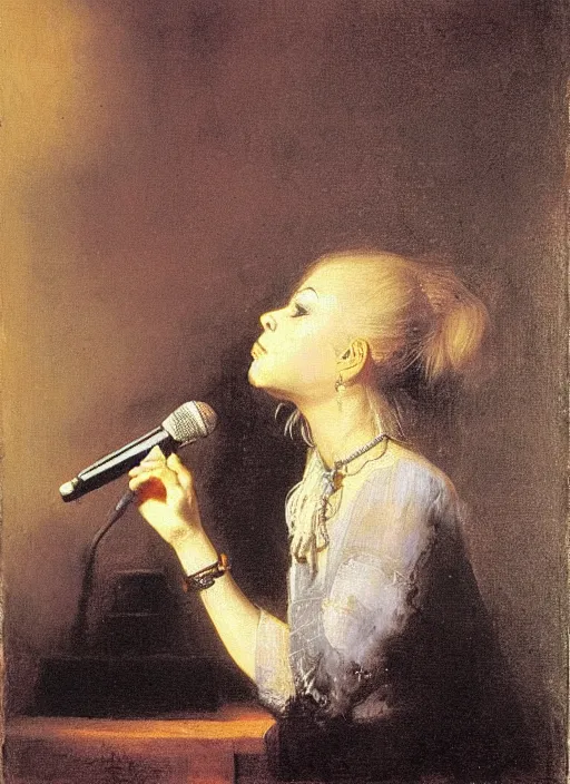 Prompt: France Gall sings into a microphone, oil on canvas, chiaroscuro, by Rembrandt